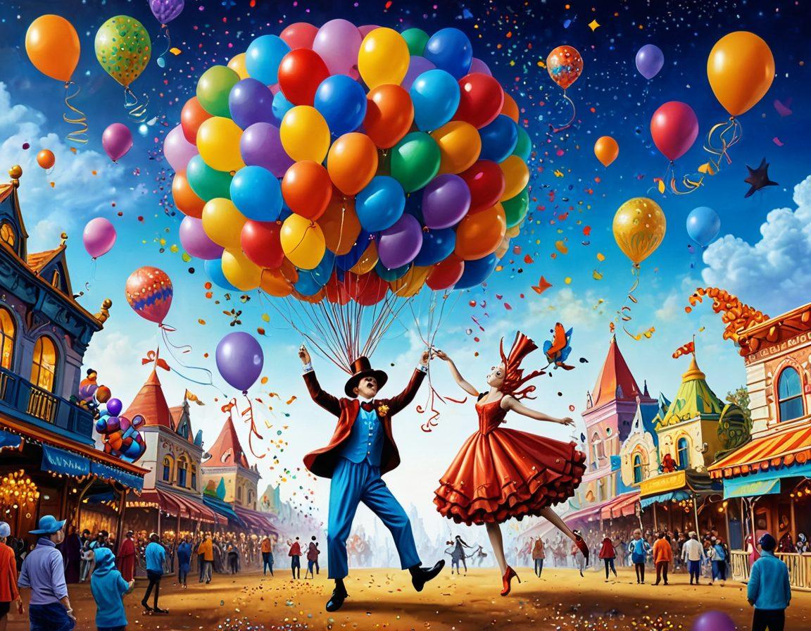 An imaginative scene showcasing a vibrant carnival filled with whimsical characters dressed in eccentric outfits, floating balloons shaped like strange creatures, and colorful confetti in the air. A central figure in a flamboyant costume dances joyfully, capturing the essence of embracing the bizarre. The background features surreal landscapes with fantastical trees and dreamlike skies. super-realistic. vibrant colors. whimsical style.