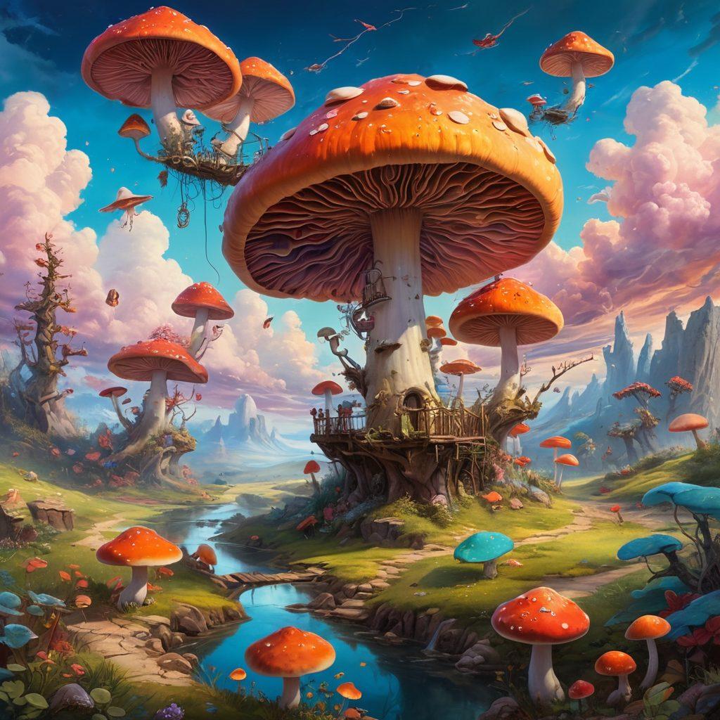A whimsical landscape filled with surreal creatures and eccentric characters, all engaged in bizarre activities under a quirky sky with distorted clouds. Incorporate vibrant colors and playful elements like oversized mushrooms and melting clocks, blending reality with absurdity. The scene should evoke a sense of wonder and chaotic beauty, inviting the viewer into a world that celebrates madness. Capture the essence of absurdity in a playful and colorful manner. vibrant colors. surrealistic.