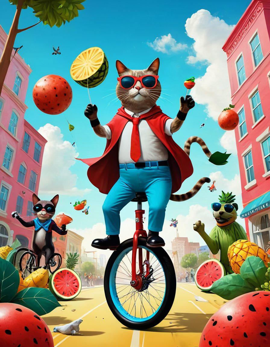 A whimsical scene depicting quirky characters engaging in absurd activities, such as a cat wearing sunglasses riding a unicycle, a man juggling oversized fruits, and a dog dressed as a superhero. The background should be vibrantly colored with surreal elements like floating books and oversized teacups. Capture the chaotic charm and humor of everyday absurdities. cartoonish style. vibrant colors.
